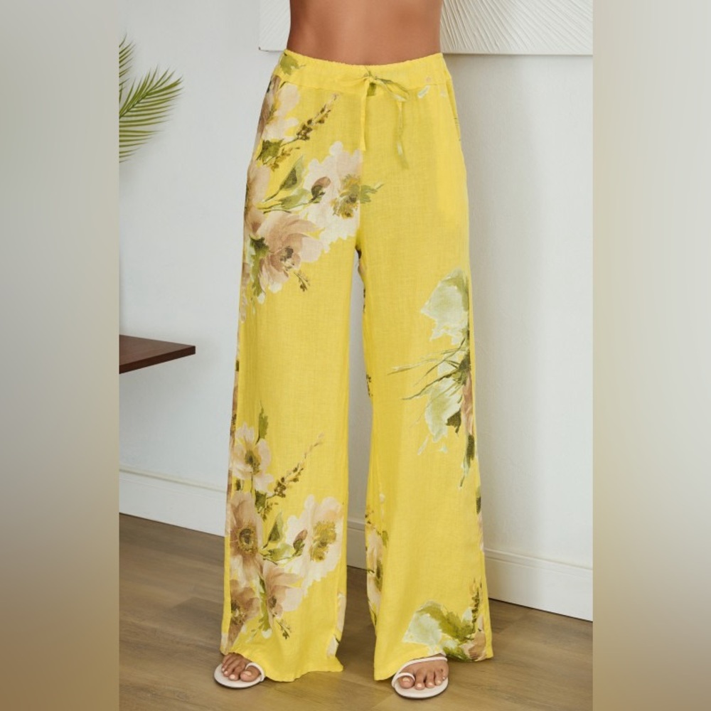 (12-03-MAGNOLIA-YEL) MAGNOLIA FLOWERS PRINT LINEN WIDE LEG PANTS - Picture 4 of 4